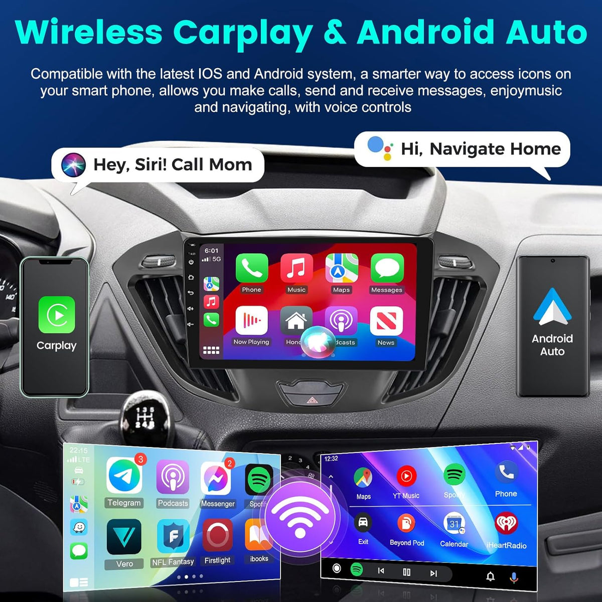 2G+64G Android Car Stereo for Ford Transit Tourneo Custom 2013-2021 with Wireless Carplay & Android Auto, 9 Inch Touch Screen Car Radio with WiFi, GPS Navigation, Bluetooth, FM RDS