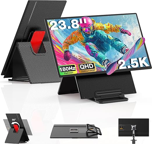 23,8 Inch Draagbare Monitor – Portable Scherm – Laptop Scherm – Tweede Scherm – USB-C Monitor – 2.5K QHD Resolutie – 180Hz Verversingssnelheid – 125% SRGB Kleurruimte – Verstelbare Kickstand – 90° Rotatie