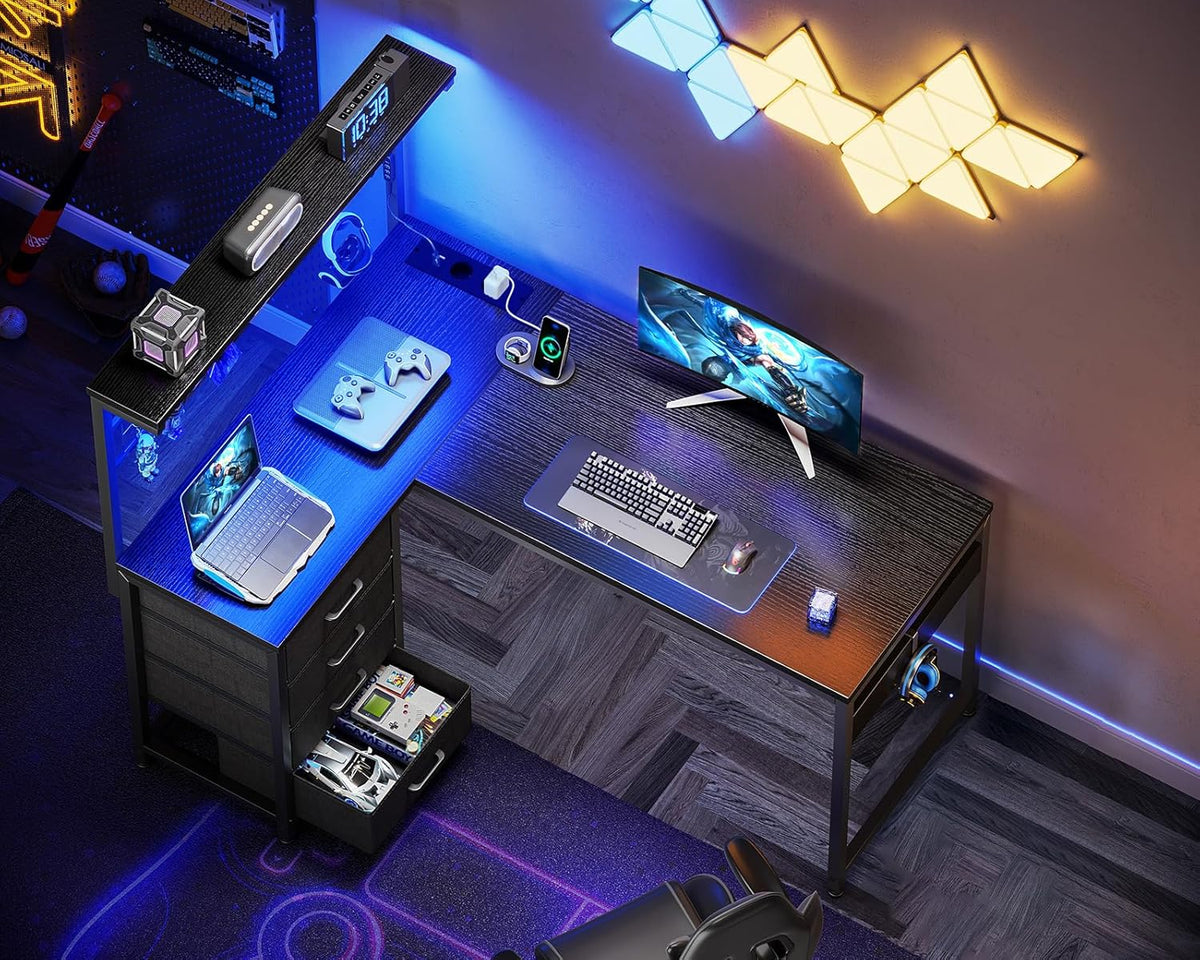Coleshome Gamingbureau met led, omkeerbare gamingtafel met laden en stopcontacten, hoekbureau met opbergruimte (zwart, 110 x 80 cm)