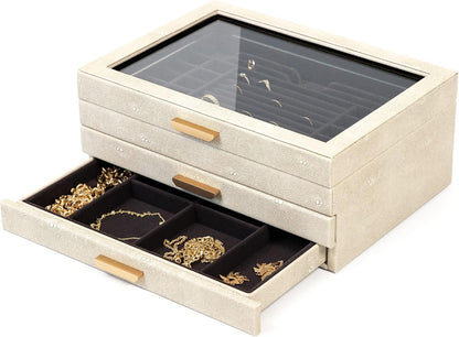 CASE ELEGANCE - Grote 3 Tier Sieraden Box, Opbergkoffer Organizer voor Vrouwen, Glazen Deksel voor Oorbellen Armbanden Ringen Kettingen, Vegan Leer, Fluwelen Gevoerde Sieraden Doos, Messing Hardware