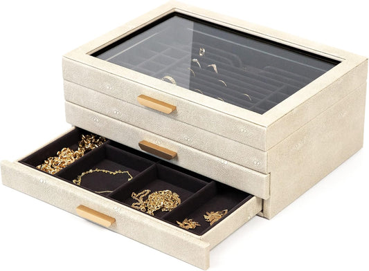 CASE ELEGANCE - Grote 3 Tier Sieraden Box, Opbergkoffer Organizer voor Vrouwen, Glazen Deksel voor Oorbellen Armbanden Ringen Kettingen, Vegan Leer, Fluwelen Gevoerde Sieraden Doos, Messing Hardware