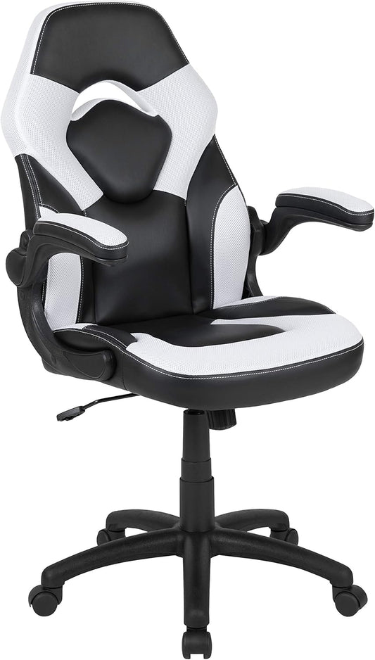 Flash Furniture X10 Gamingstoel, ergonomische bureaustoel voor pc- en gaming-setups, verstelbare gamerstoel met rugsteun, LeatherSoft, wit/zwart