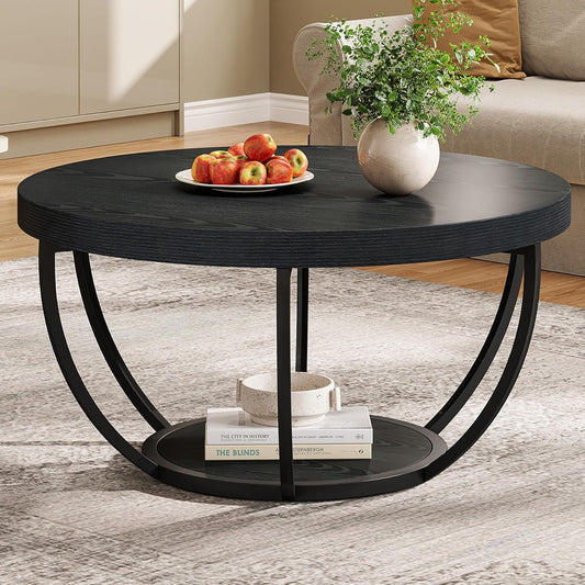 Tribesigns Black Round Coffee Table, 80.5cm Modern 2-Tier Circle Coffee Table with Storage Shelves, Accent Cocktail Table Center Table for Living Room
