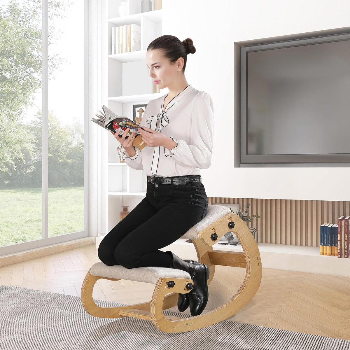 Predawn Ergonomische kniestoel voor rechte houding, kniekruk voor thuis, kantoor en meditatie, hout en linnen kussen (wit eiken)