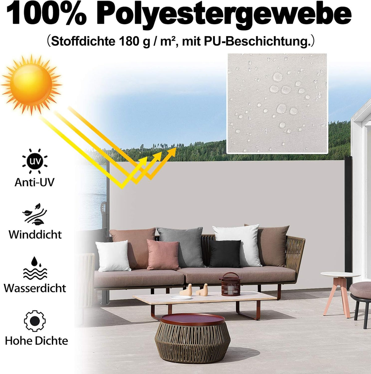Rolluik – Zijscherm – Zonwering – Privacydoek – Terrasdoek – Dubbelzijdig Uittrekbaar – 100% Polyester Met PU-Coating