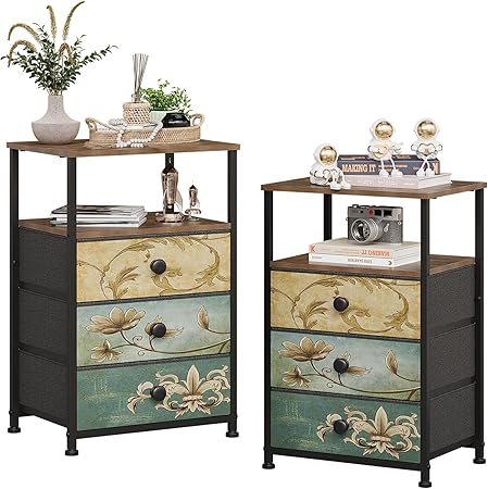 VEDECASA Set of 2 Chest of Drawers with 3 Drawers and Open Shelf, Comode Cabinet, Bohemian Dressing Table, Storage Cabinet, Bedside Table, Side Table for Living Room, Bedroom, Stable Steel Frame - QUORE