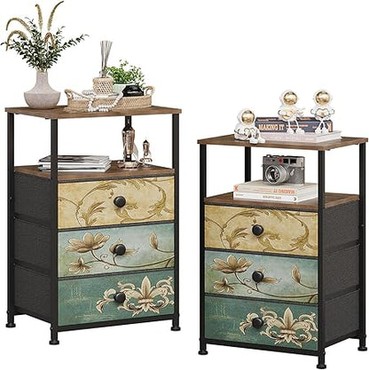 VEDECASA Set of 2 Chest of Drawers with 3 Drawers and Open Shelf, Comode Cabinet, Bohemian Dressing Table, Storage Cabinet, Bedside Table, Side Table for Living Room, Bedroom, Stable Steel Frame - QUORE