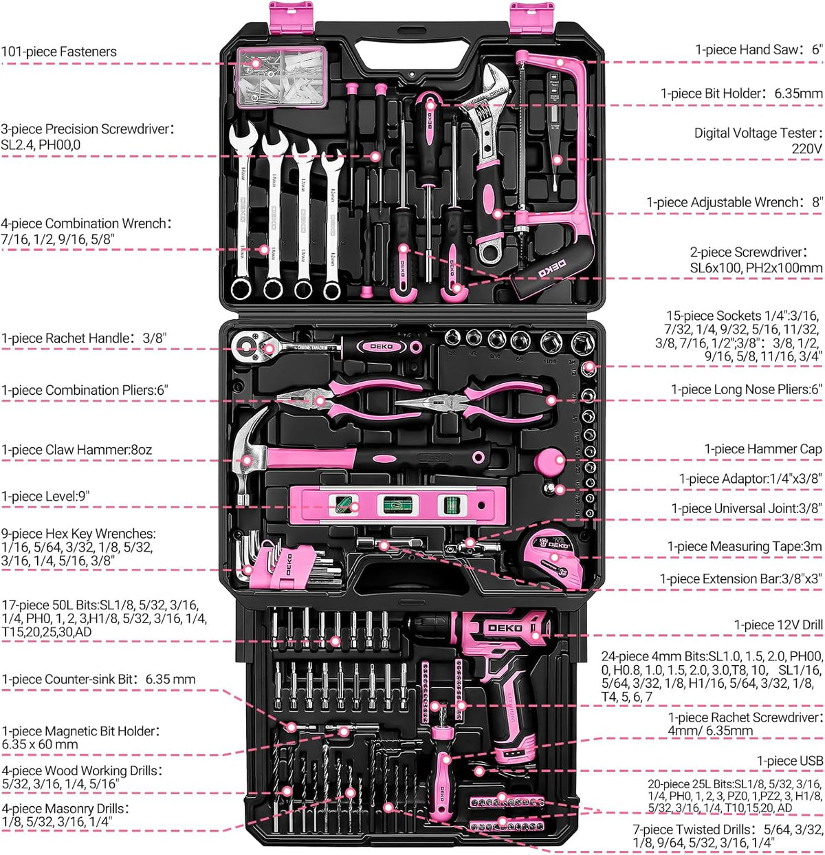 Gereedschapsset – Boorset – Klusset – Accu Gereedschap – Doe-Het-Zelf Set – 238-Delig Compleet – 12V Accuschroefboormachine – Draagbare Koffer Met Lade