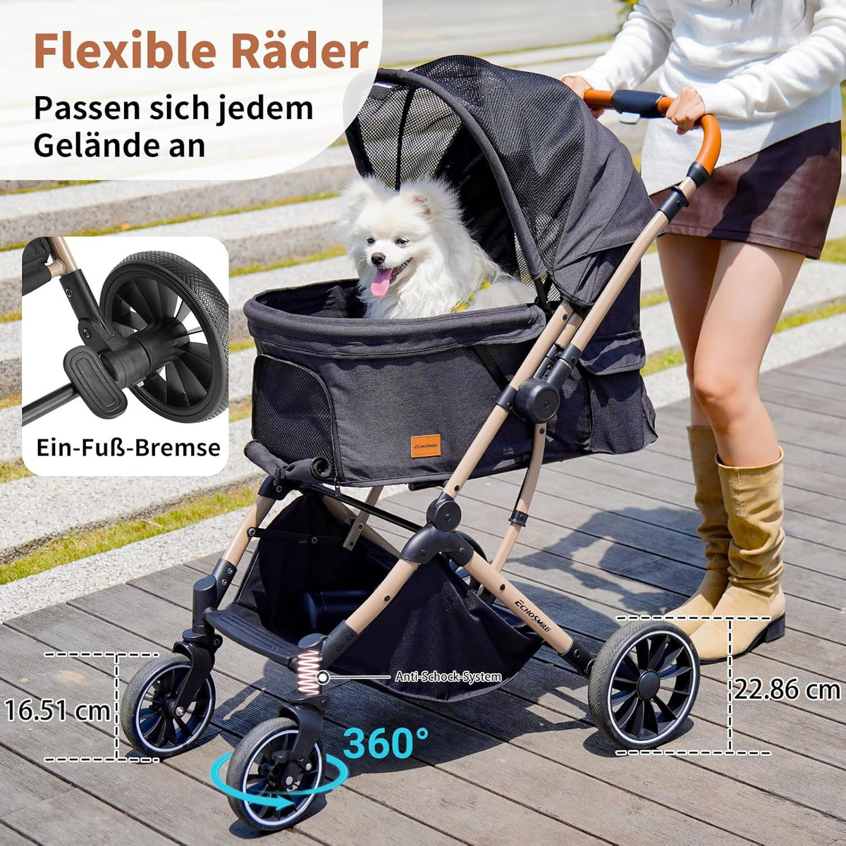 EchoSmile Opvouwbare hondenwagen, hondenbuggy tot 20 kg, voor kleine middelgrote honden en katten, hondenbuggy en kattenwagen met omkeerbare handgreep, schokdemping en afneembaar wasbaar kussen (zwart