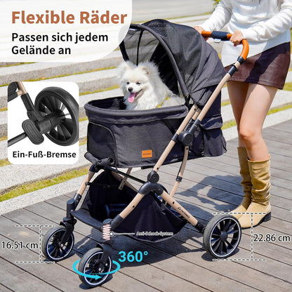 EchoSmile Opvouwbare hondenwagen, hondenbuggy tot 20 kg, voor kleine middelgrote honden en katten, hondenbuggy en kattenwagen met omkeerbare handgreep, schokdemping en afneembaar wasbaar kussen (zwart