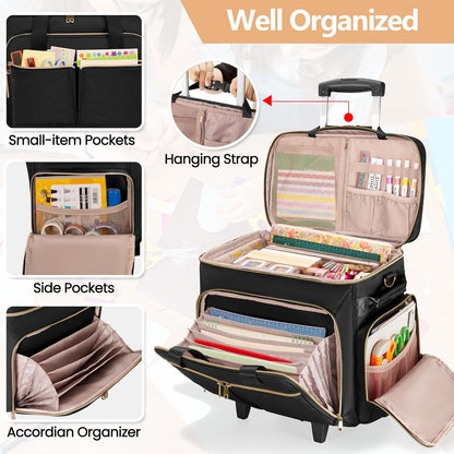 Rollende Scrapbooktas – Opbergtas Met Wielen – Knutselwagen – Organizer – Trolley – Zwart – 41,5 x 22 x 31,5 cm – Gevoerd Laptopvak En Stevige Constructie
