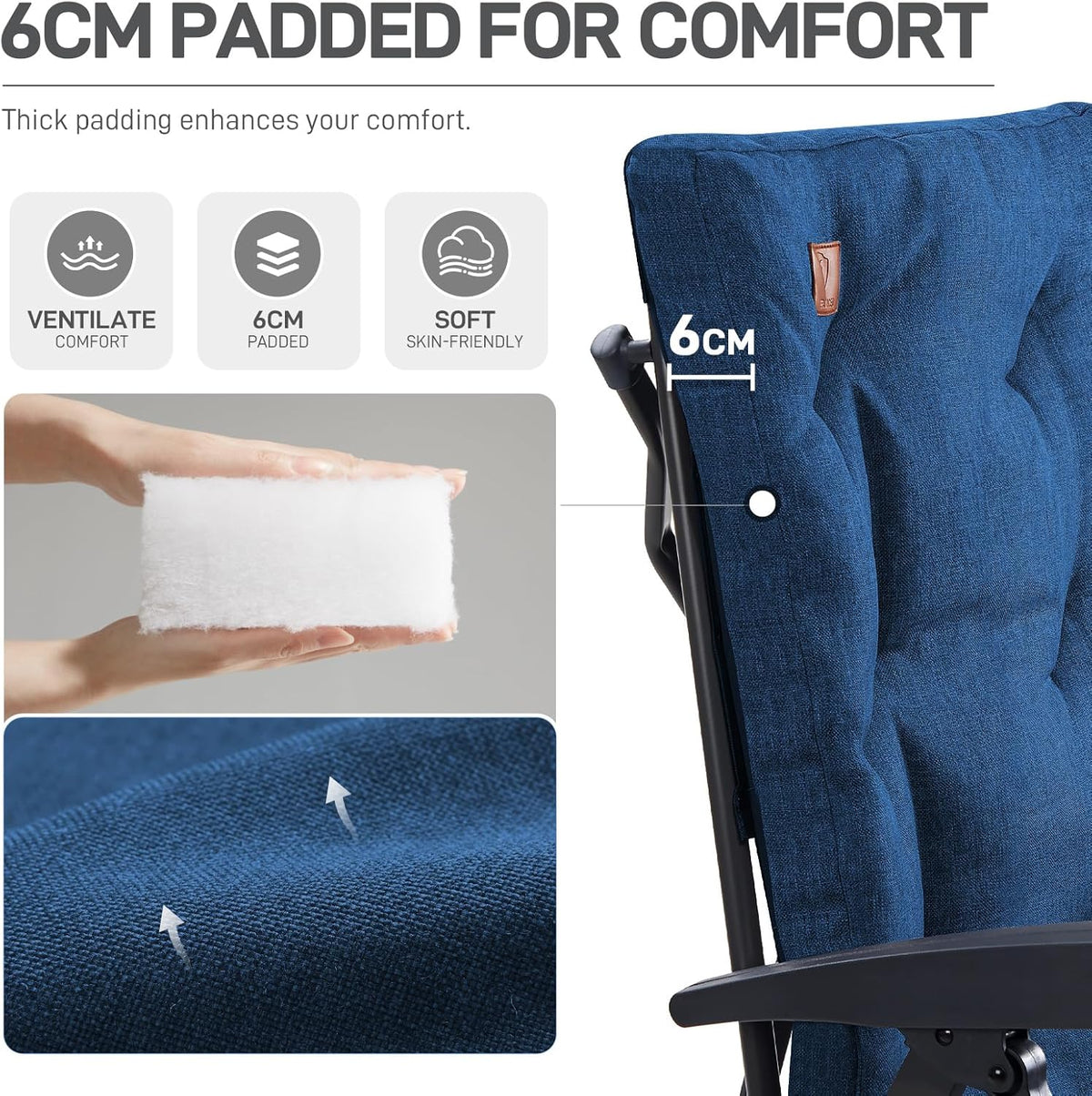 EVER ADVANCED Opvouwbare campingstoel, rugverstelling in 4 standen, belastbaar tot 150 KG, 6 cm dik gepolsterd met zijvak, drankhouder, tuinstoel met hoge rugleuning, visstoel voor kamp, tuin, balkon