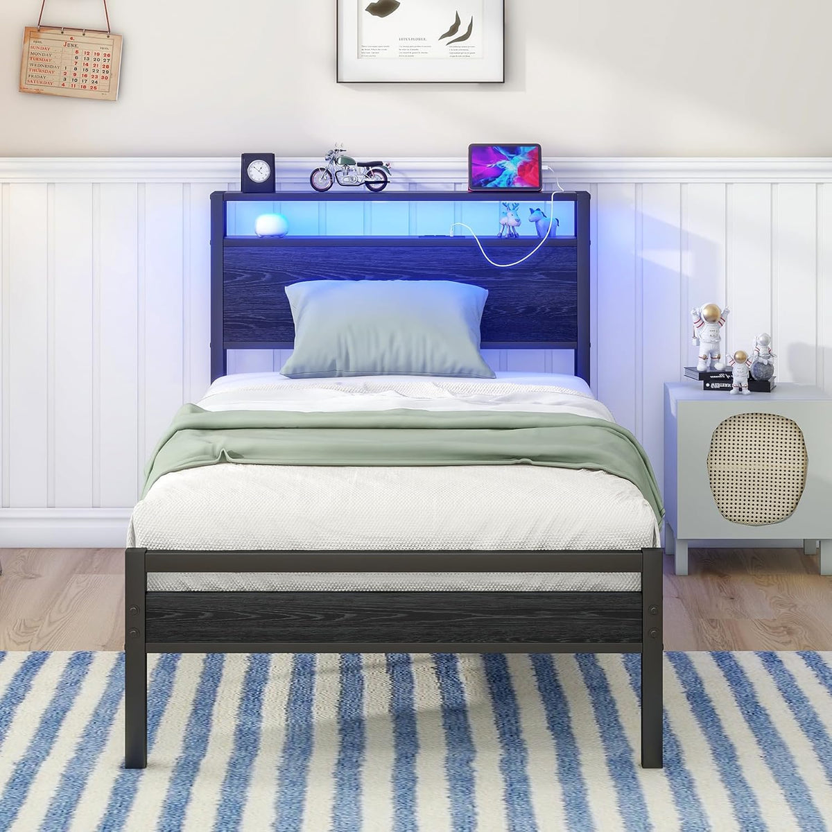 HOJINLINERO Bedframe van metaal, hout, bedframe van metaal, 90 x 200 cm met lattenbodem en USB-oplaadfunctie/led, eenpersoonsbed, logeerbed, tienerbed, 90 x 200 cm, met opbergruimte hoofdeinde