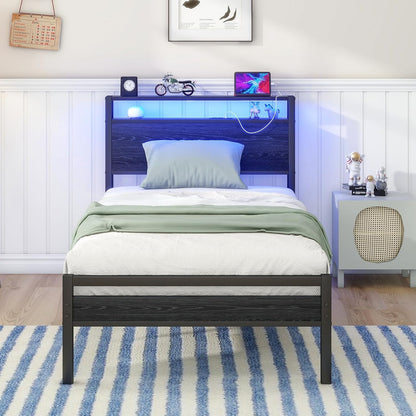 HOJINLINERO Bedframe van metaal, hout, bedframe van metaal, 90 x 200 cm met lattenbodem en USB-oplaadfunctie/led, eenpersoonsbed, logeerbed, tienerbed, 90 x 200 cm, met opbergruimte hoofdeinde