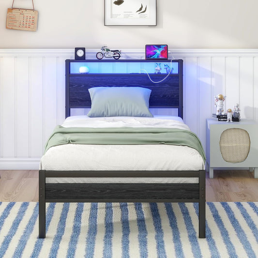 HOJINLINERO Bedframe van metaal, hout, bedframe van metaal, 90 x 200 cm met lattenbodem en USB-oplaadfunctie/led, eenpersoonsbed, logeerbed, tienerbed, 90 x 200 cm, met opbergruimte hoofdeinde