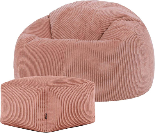 icon Kingston Zitzak met Voetenbank, Roze, Corduroy Stof, Fauteuil, Zitzak Volwassen met Vulling Inbegrepen, Bean Bag, Slaapkamer, Woonkamer, Woonkamermeubilair