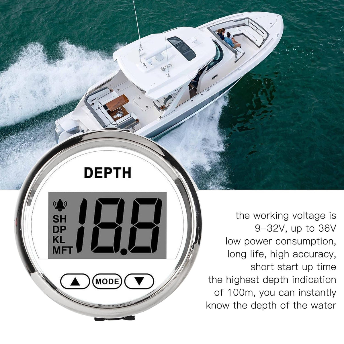 9‑32V Bootdieptemeter, Waterdichte Dash-dieptezoeker-transducer met Witte Achtergrondverlichting voor Jachtboten Boot/jacht onderdelen en accessoires