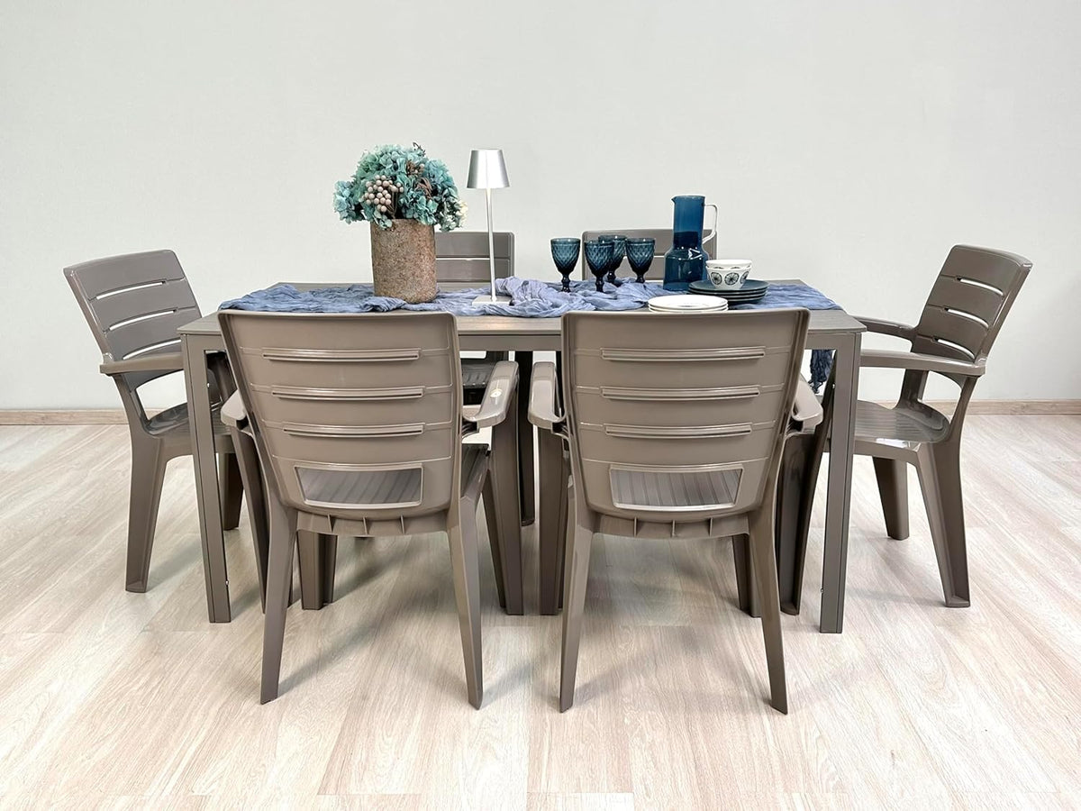 Outdoor Table Thomas + 6 Chairs Anita (Table with Iron Frame and Resin Chairs) (Table + Chairs Taupe) - QUORE