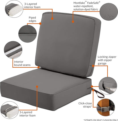 Classic Accessories Montlake Water-Resistant 25 x 25 x 5 Inch (seat)/25 x 22 x 4 Inch (back) Patio Cushion Set, Light Charcoal Grey, Chaise Lounge Cushions Outdoor