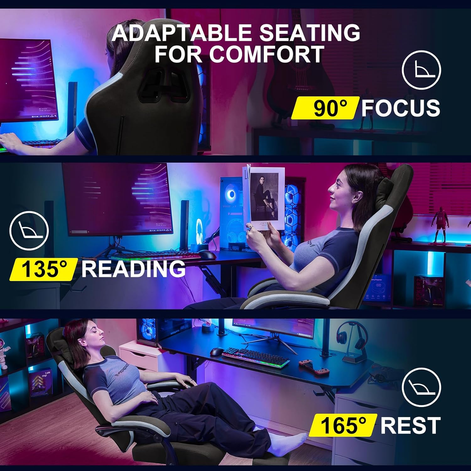 GTPLAYER Gaming Chair with Footrest Fabric Office Chair with Pocket Spring Cushion and Clutch Armrests, Ergonomic Computer Chair with High Back and Lumbar Support, Task Chair, Brown - QUORE