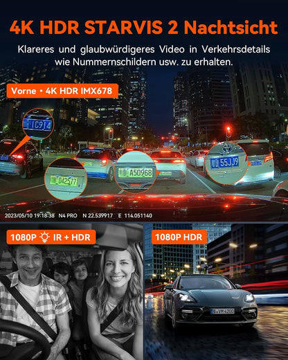 VANTRUE N4 Pro 5G WiFi Dashcam Auto 4K+ 1080P+ 1080P/ 3 HDR, STARVIS 2 Dash Cam Privacy Modes en Buffer Parkeervolgsysteem Auto Camera IR Starlight Nachtzicht, Voice Command, GPS, 2,45" Max 512GB