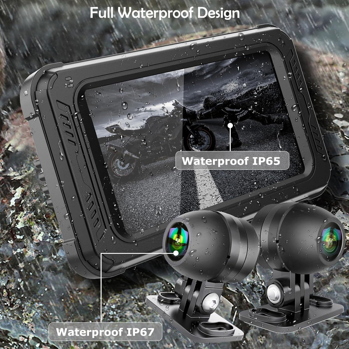 ydi Waterdichte motorfiets dashcam met draadloze CarPlay & Android Auto, 5" IPS-aanraakscherm, camera voor en achter, HD 1080P, TPMS, Bluetooth, Wi-Fi, GPS, max. 256 GB