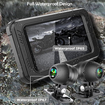 ydi Waterdichte motorfiets dashcam met draadloze CarPlay & Android Auto, 5" IPS-aanraakscherm, camera voor en achter, HD 1080P, TPMS, Bluetooth, Wi-Fi, GPS, max. 256 GB