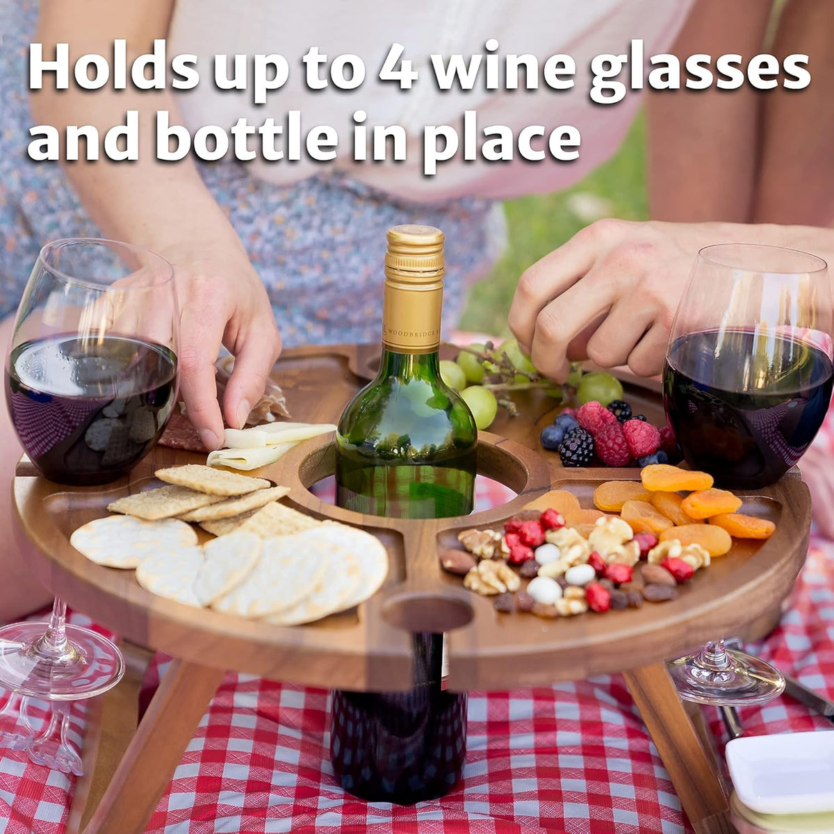 Klappbarer Weintisch - Hält Weingläser und -Flaschen an ihrem Platz - Outdoor Weintisch - Tragbarer Weintisch - Picknicktisch Mini Campingtisch Weinglashalter Holz - Outdoor Wine Table Picnic Table