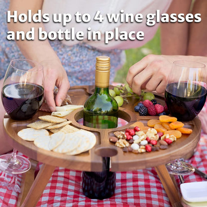 Klappbarer Weintisch - Hält Weingläser und -Flaschen an ihrem Platz - Outdoor Weintisch - Tragbarer Weintisch - Picknicktisch Mini Campingtisch Weinglashalter Holz - Outdoor Wine Table Picnic Table