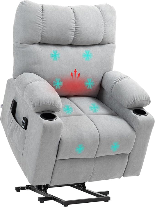 HOMCOM Chair with Stand Up Aid Electric Relax Chair with Massage Function, TV Chair with Heating Function, Cinema Chair with Flannel Look, Light Grey, 91 x 95 x 109 cm - QUORE