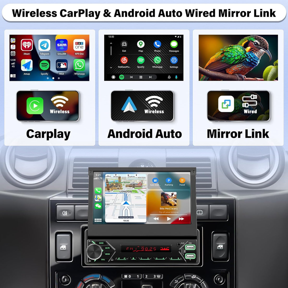 1 DIN Autoradio met draadloze Apple CarPlay & Android Auto, 7 inch motorisch uitklapbaar scherm, Bluetooth, DAB+, USB/Type-C/AUX/FM, spiegelbesturing, achteruitrijcamera + microfoon