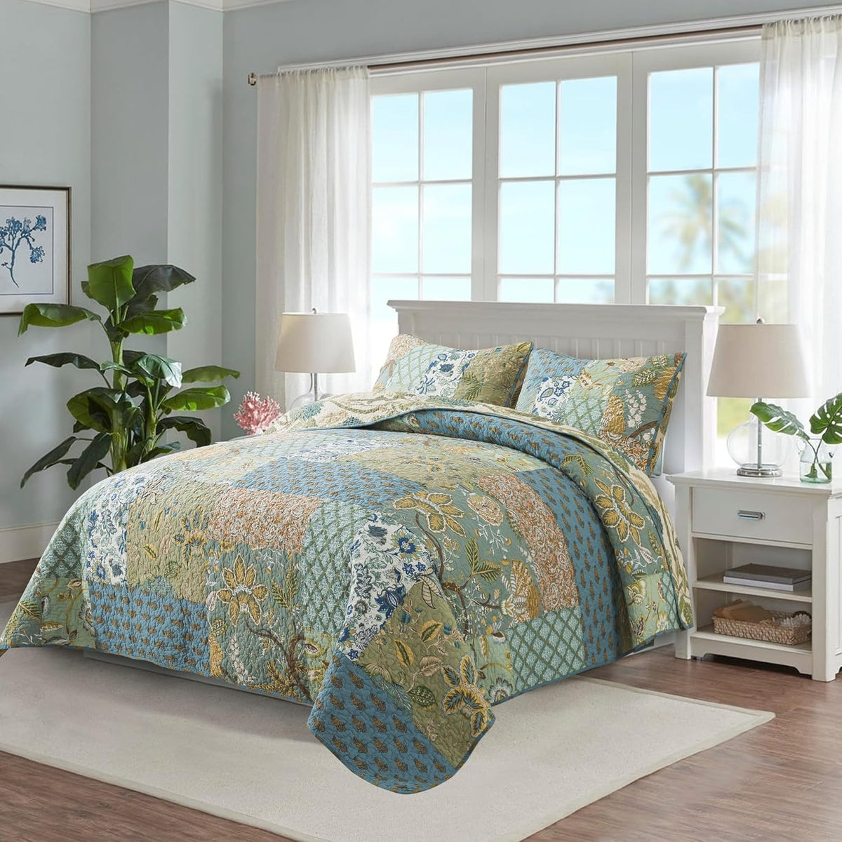 NEWLAKE Bedsprei Quilt Set met Echt gestikt Borduurwerk, Boheemse Bloemen Patroon, King Size