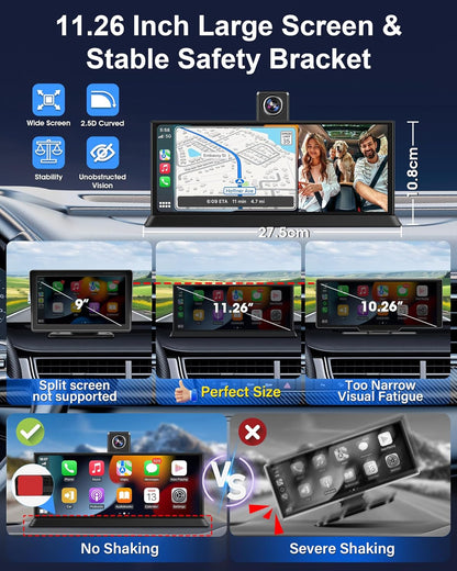 27,9 cm (11,26 inch) HD Touch Car Play Auto, 4K display, Carplay auto met 350° frontcamera, 64G SD-kaart, Carplay Android Auto Car Play Co.che voor GPS-navigatie, G-Senor Loop-opname