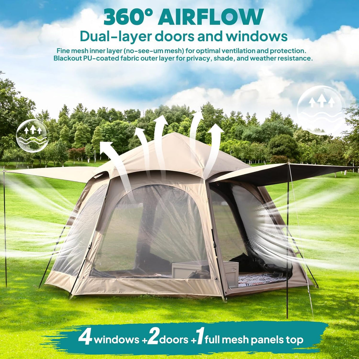 Chihee Pop-up-tent, stand-up tent, familietent met veranda voor 3 personen, outdoortent met groot scherm, waterdicht en winddicht, eenvoudig te monteren, reizen