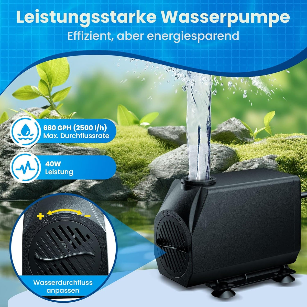 Biling Vijver waterval bladenset, 30 cm roestvrijstalen overloop zwembadfontein met 2500 L/H pomp en duurzame buis voor vijver, zwembad, beekloop, tuin, terras
