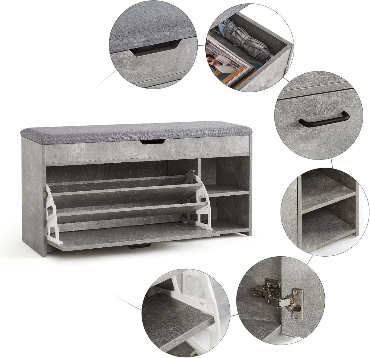 Meerveil Schoenbank met zitting, opbergbank met opklapbare lade en open opbergruimte, houten industriële stijl voor hal, 100 x 52 x 30 cm (b x h x d), grijs