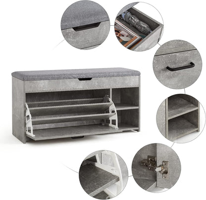 Meerveil Schoenbank met zitting, opbergbank met opklapbare lade en open opbergruimte, houten industriële stijl voor hal, 100 x 52 x 30 cm (b x h x d), grijs