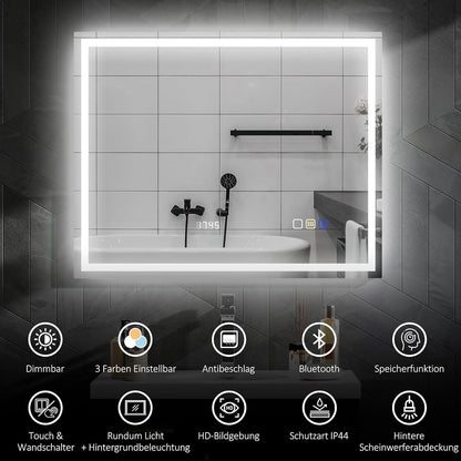 Badkamerspiegel – LED Spiegel – Wandspiegel – Verlichte Spiegel – Bluetooth Spiegel – Anti-Condens – 100 x 80 cm – Gehard Glas