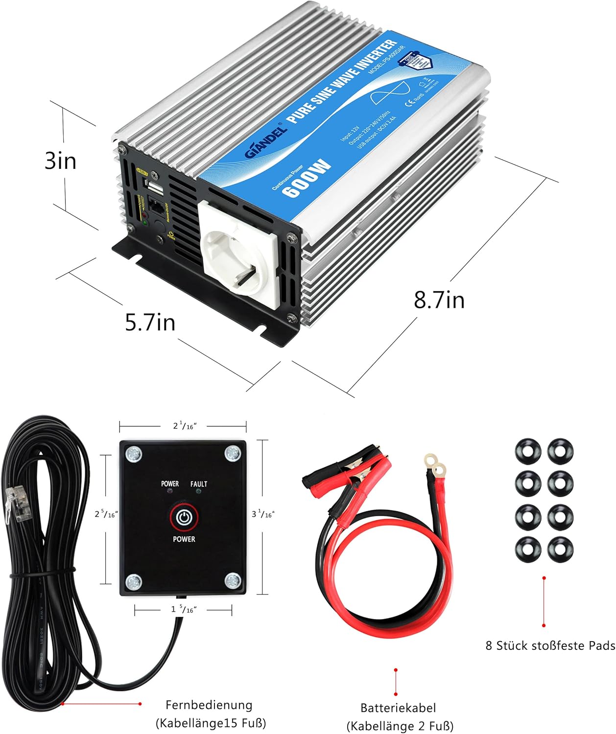 600 W omvormer, zuivere sinus, spanningsomvormer, 12 V naar 230 V, power inverter met afstandsbediening en USB-aansluiting voor laptop, camera, smartphone, GIANDEL zilver