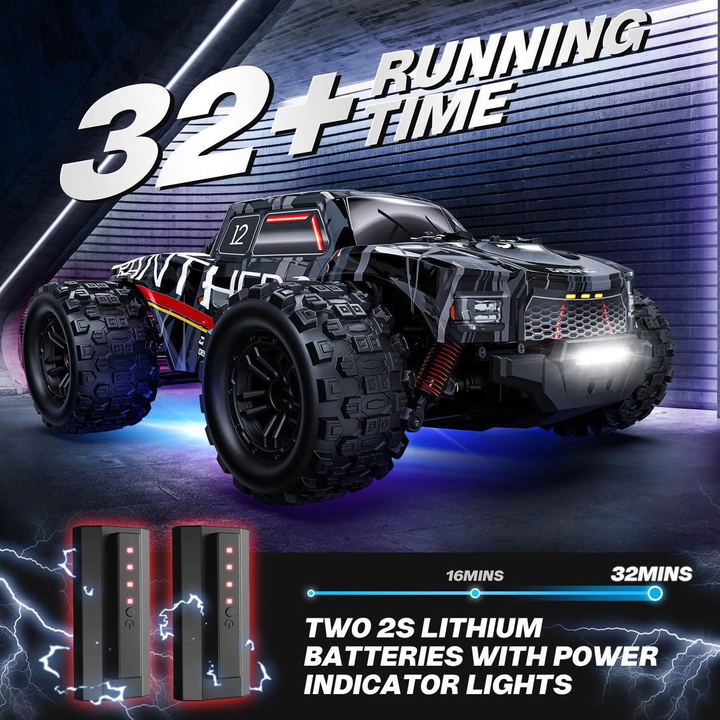 DEERC Op afstand bestuurde auto, 1:14, borstelloze motor, 75 km/u, 4WD RC monstertruck met gekleurd licht, 2 accu's, 2,4 GHz all-terrain raceauto, crawler speelgoed, cadeau voor kinderen