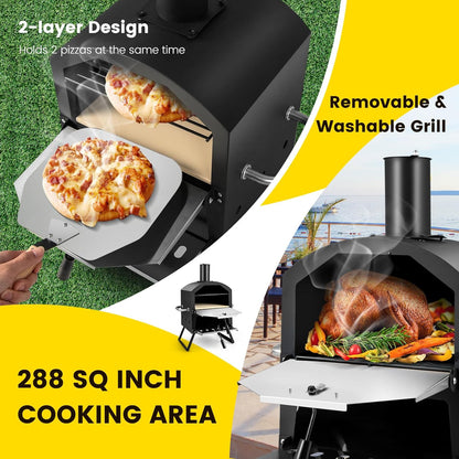FANTASK Pizza Oven 2-Tier with Grill Grate, Outdoor Pizza Oven, Pizza Stone & Folding Legs, Pizza Shovel, Waterproof Cover - QUORE