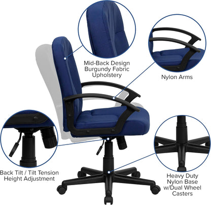 Bureaustoel – Kantoorstoel – Werkstoel – Stofferige stoel – Bureaufauteuil – Marineblauw – Middelhoge Rugleuning – Ademend Stofzitting