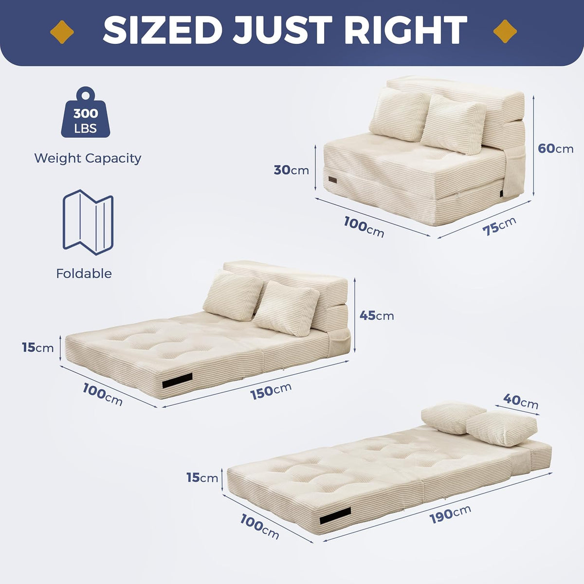 MAXYOYO Opvouwbare schuim slaapbank, drievoudig opvouwbaar matras met 2 kussens, omvormbare slaapbank, futonbed met 15 cm dun schuim, draagbare 3-in-1 vloerbank
