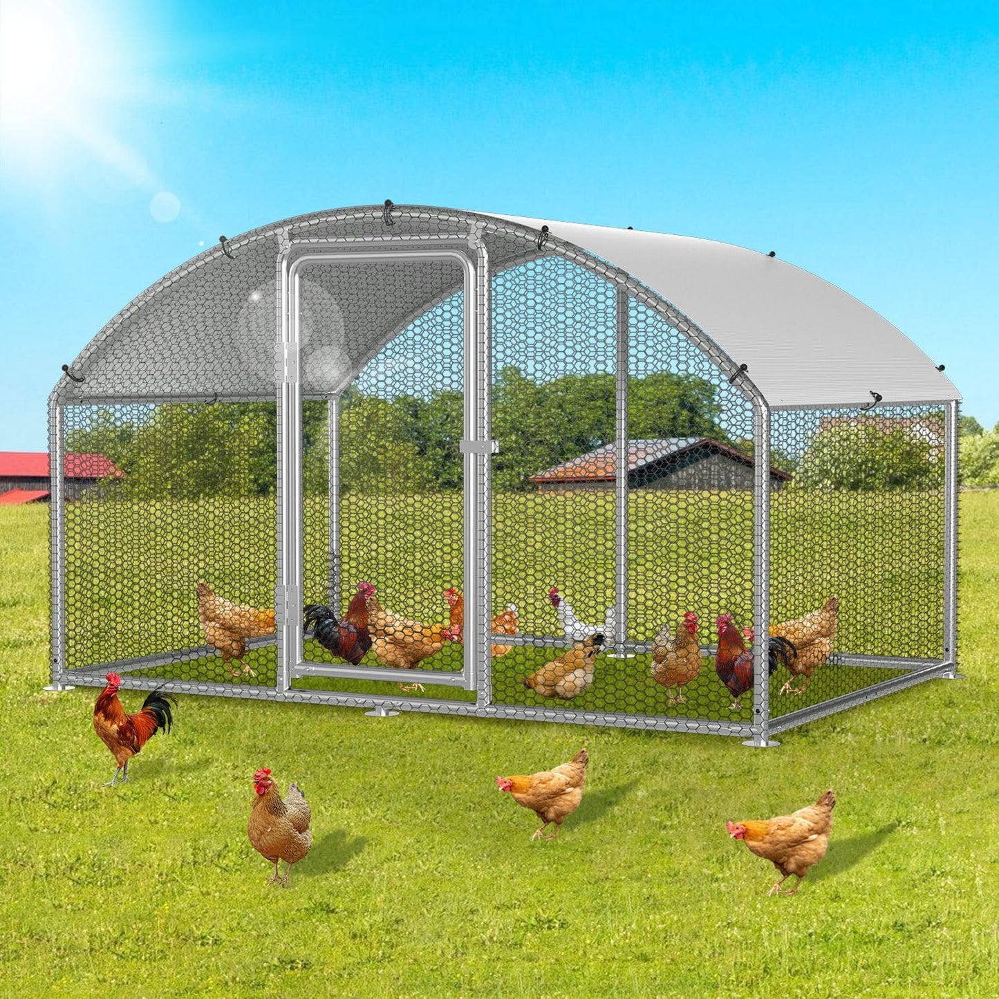 Chicken Coop Outdoor Run 3 x 2 x 2 m Chicken Coop Dome Roof Galvanised Steel Poultry Stable for Chickens, Rabbits, Geese and Pigeons and Quails, Metal Run with Net - QUORE