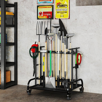 tonchean Opbergorganizer voor tuingereedschap, 360 ° draaibare tuingereedschap, torenrek, trolley met wielen, 3-laags gereedschapshouder, standaard, plank voor garage, tuin, gazon, werkplaats