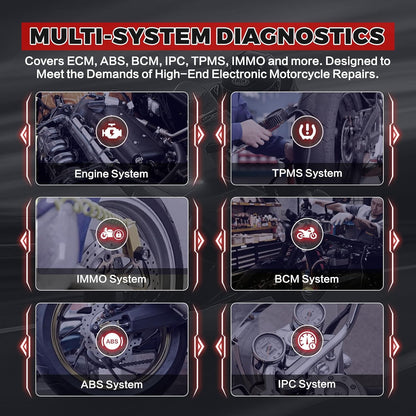 Motordiagnoseapparaat, M7 Motorcycle OBD2 Scanner Full Systems ondersteunt meer dan 70 wereldwijde merken, heeft meer dan 100 functies, een codelezer, wifi-update met één klik en een 5-inch IPS-scherm