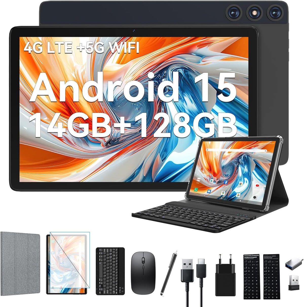Nieuwste Android 14 Tablet 10 inch, 4G LTE tablets met 2 SIM 1 SD-sleuf, 5G Wifi Tablet PC met 14GB + 128GB (1TBTF), 3-in-1 tablet met toetsenbord, muis-octa-core, 1080FHD, 13MP + 8MP, 7000mAh,