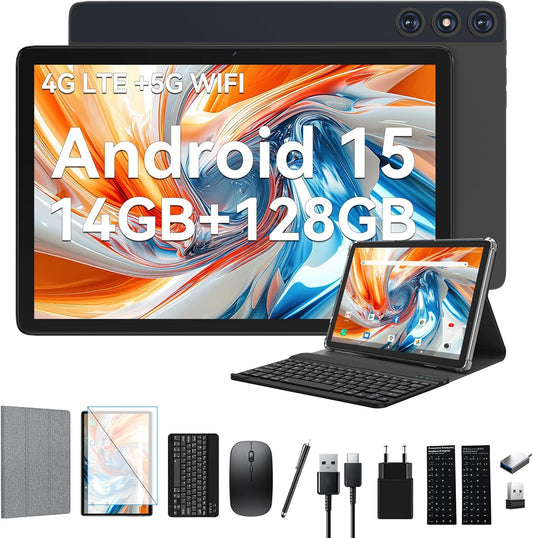 Nieuwste Android 14 Tablet 10 inch, 4G LTE tablets met 2 SIM 1 SD-sleuf, 5G Wifi Tablet PC met 14GB + 128GB (1TBTF), 3-in-1 tablet met toetsenbord, muis-octa-core, 1080FHD, 13MP + 8MP, 7000mAh,