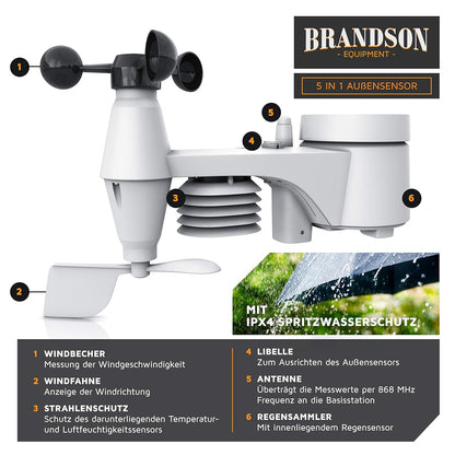 Brandson - Draadloos weerstation met 5-in-1 buitensensor – weergegevens via app – weersvoorspelling – binnen- en buitentemperatuur – windmeter en regensensor – windrichting – lcd-kleurenscherm