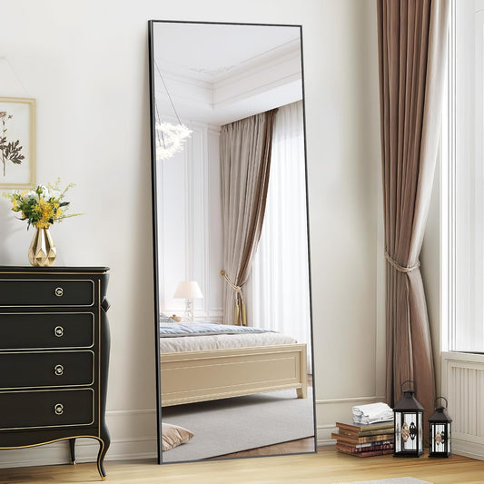 WOLIBEER Volledige spiegel, 165 x 60 cm, wand- en staande spiegel met aluminium frame, zwart, rechthoekige full-body spiegel voor hal, fitness, slaapkamer